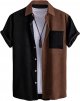 Men's Casual Button Up Shirt Pocket Short Sleeve Colorblock Collar Blouse Tops