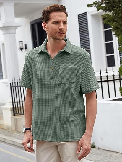 Men's Casual Button-Down Shirts Short Sleeve Striped Dress Shirts